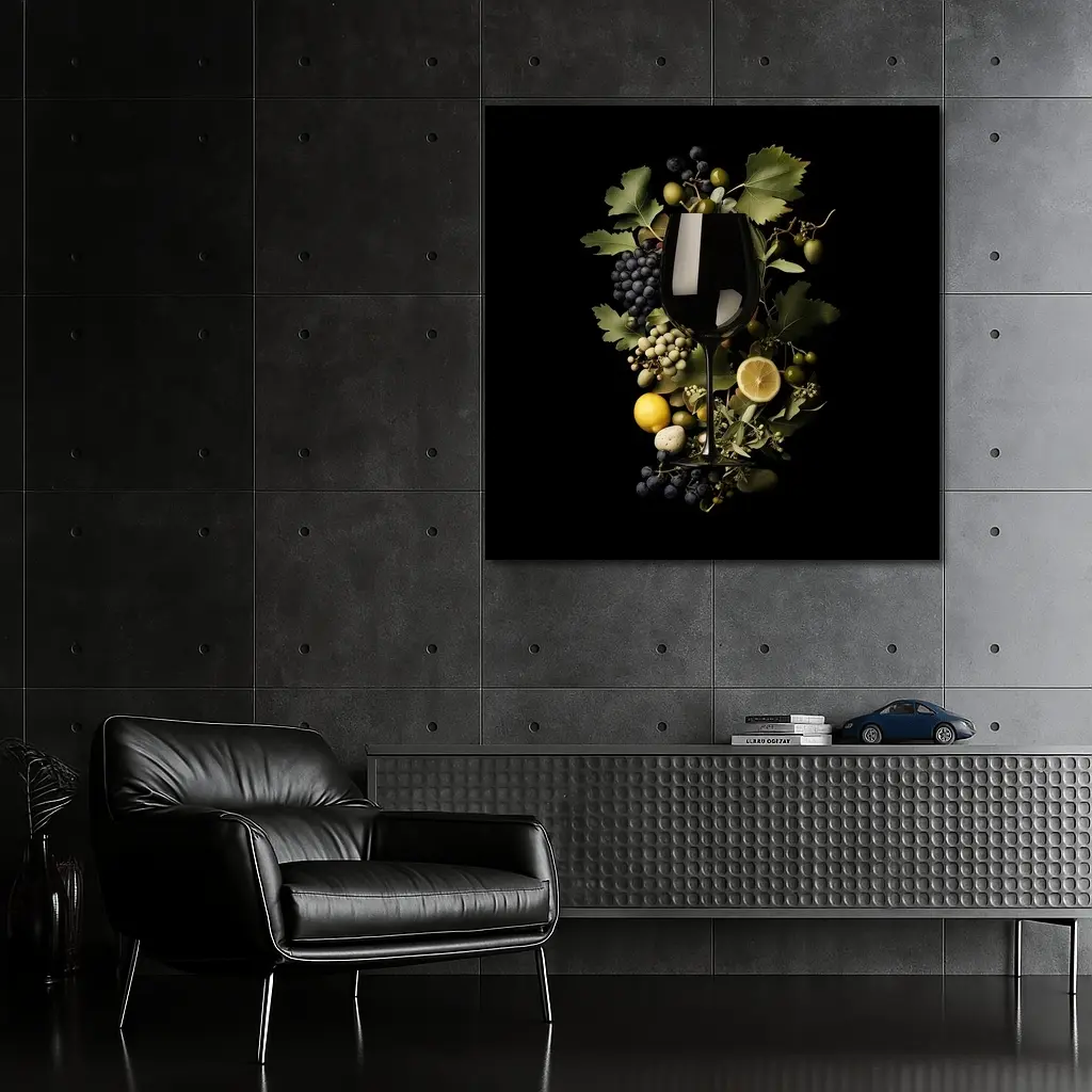 Wine Glass Grapes Lemon Dark Background – Wall Art
