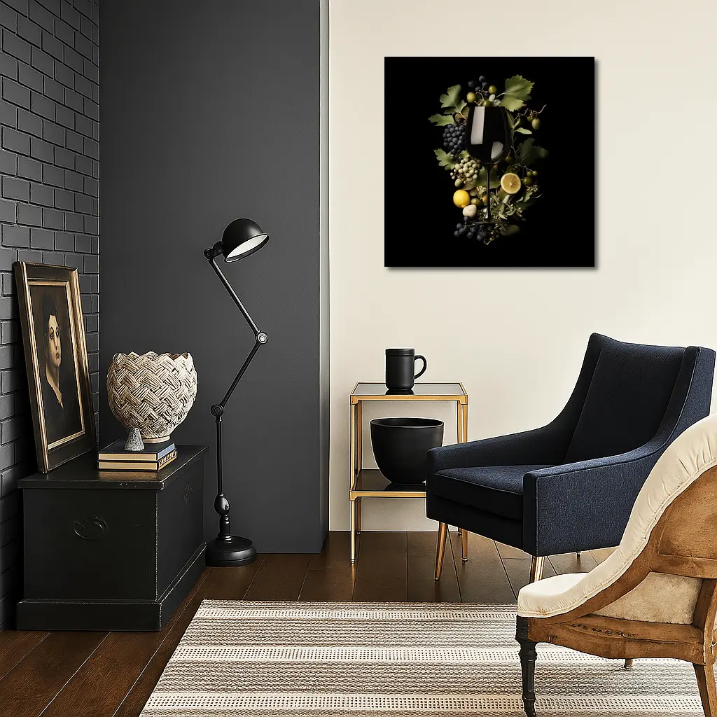 Wine Glass Grapes Lemon Dark Background – Wall Art