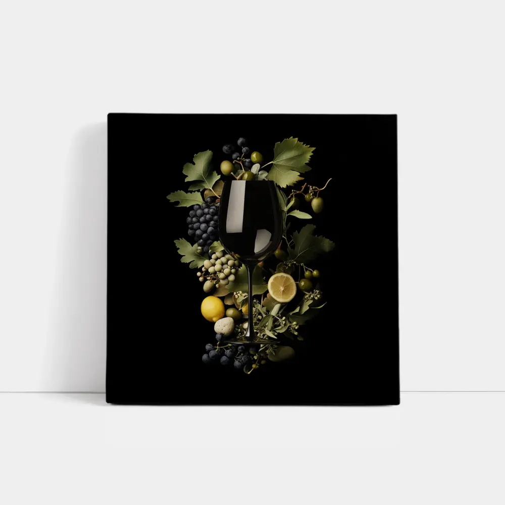 Wine Glass Grapes Lemon Dark Background – Wall Art