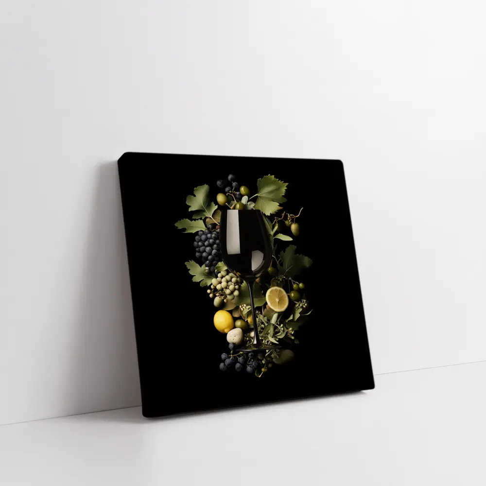 Wine Glass Grapes Lemon Dark Background – Wall Art