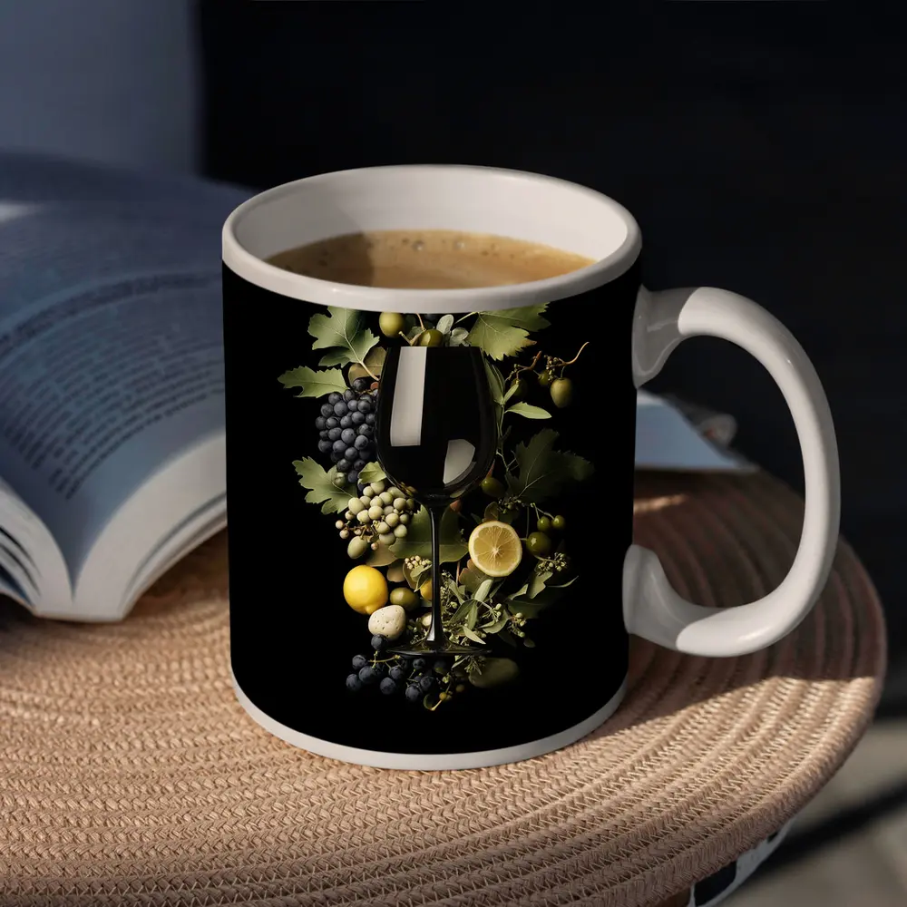 Wine Glass Grapes Lemon Dark Background – Mugs