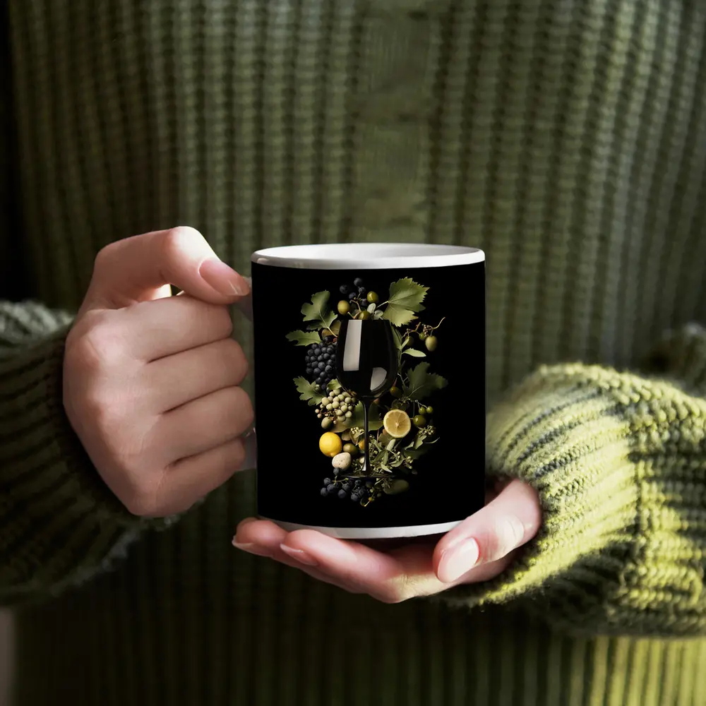 Wine Glass Grapes Lemon Dark Background – Mugs