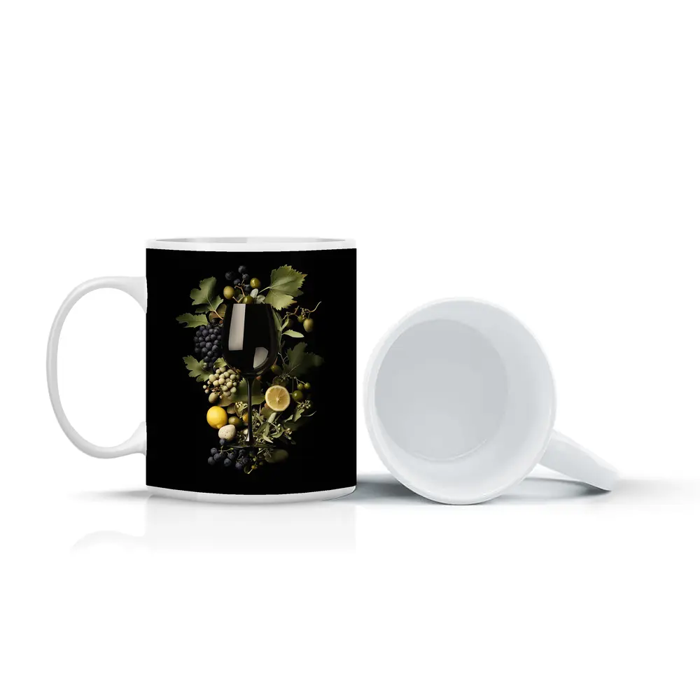 Wine Glass Grapes Lemon Dark Background – Mugs