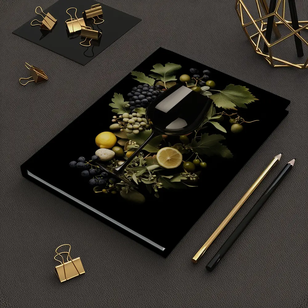 Wine Glass Grapes Lemon Dark Background – Notebooks