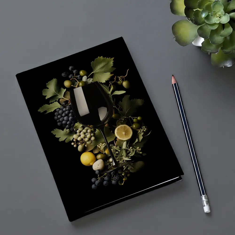Wine Glass Grapes Lemon Dark Background – Notebooks