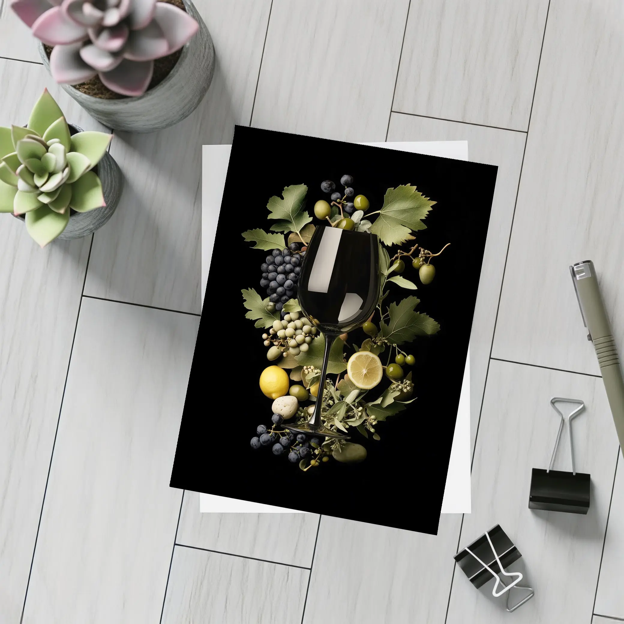 Wine Glass Grapes Lemon Dark Background – Postcards