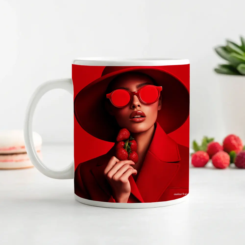Red Fashion Woman Hat Sunglasses Strawberries – Mugs