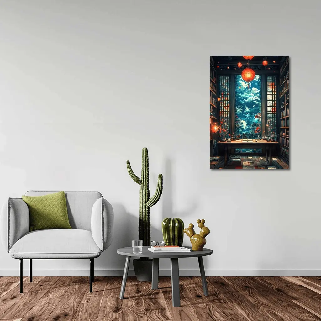 Chinese Library Room Red Lanterns Fantasy Art – Wall Art