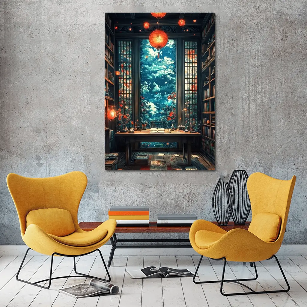 Chinese Library Room Red Lanterns Fantasy Art – Wall Art
