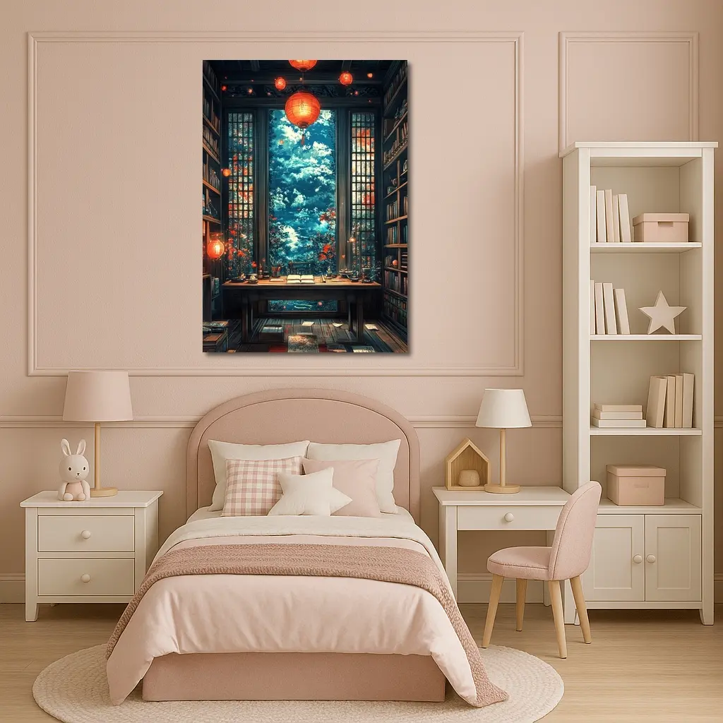 Chinese Library Room Red Lanterns Fantasy Art – Wall Art