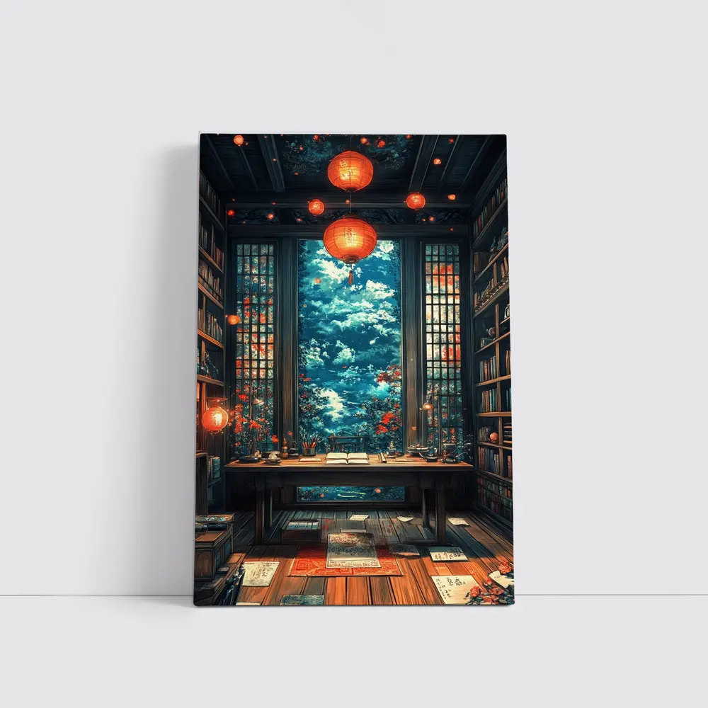 Chinese Library Room Red Lanterns Fantasy Art – Wall Art