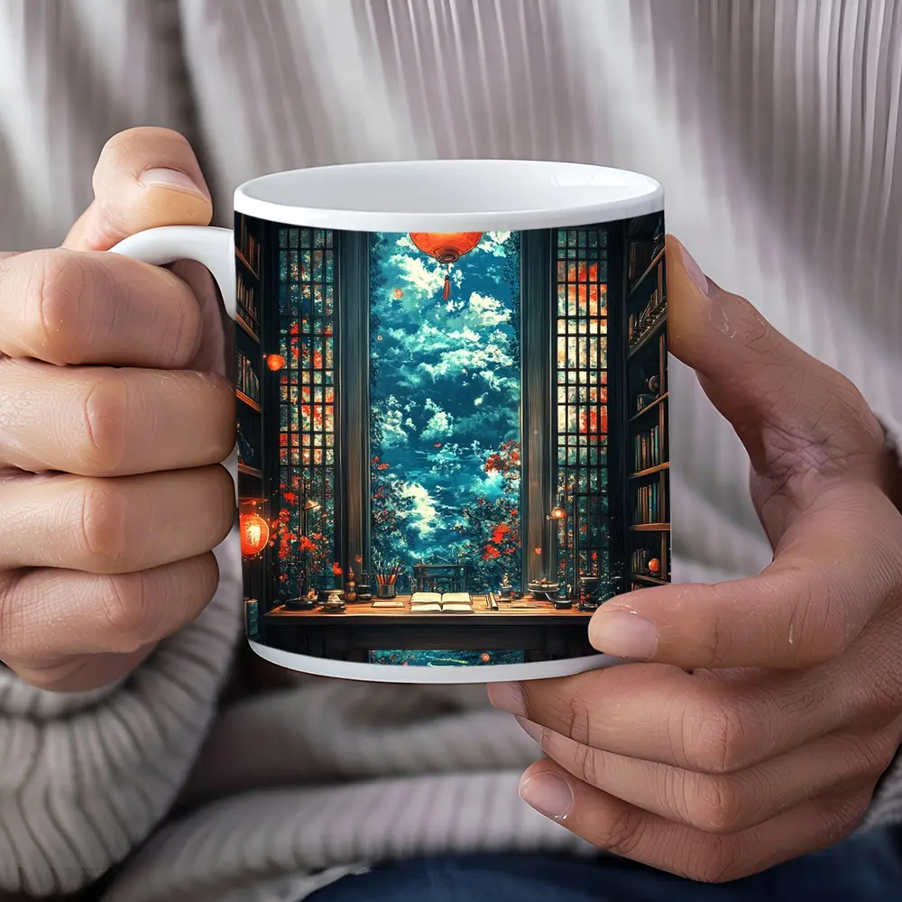 Chinese Library Room Red Lanterns Fantasy Art – Mugs