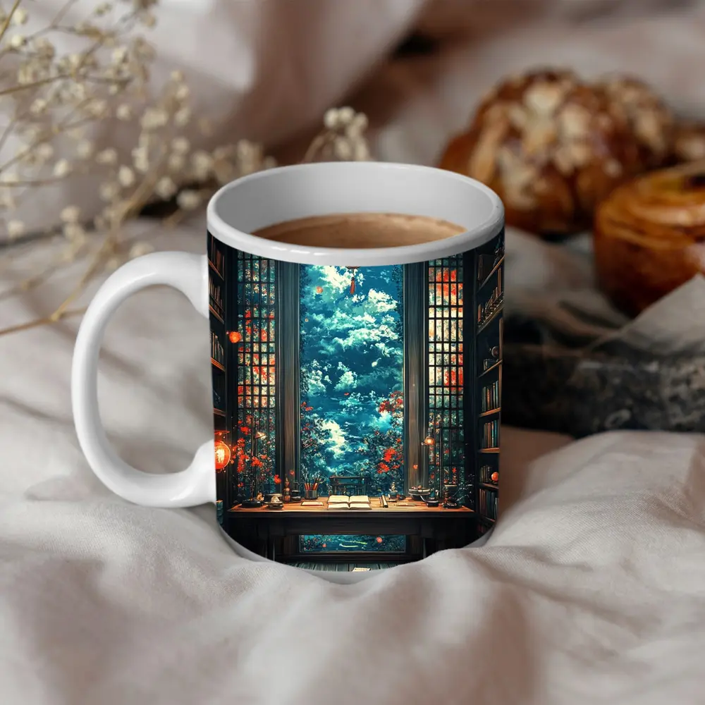 Chinese Library Room Red Lanterns Fantasy Art – Mugs