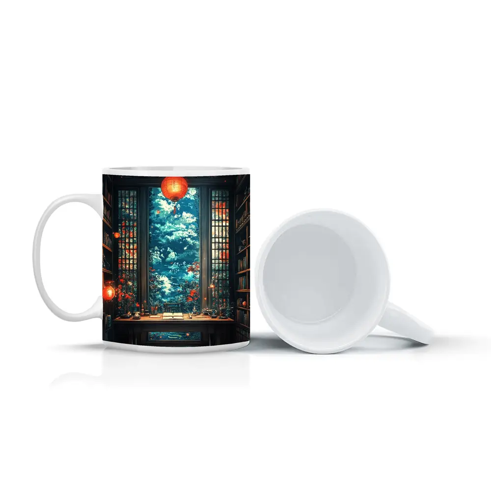 Chinese Library Room Red Lanterns Fantasy Art – Mugs
