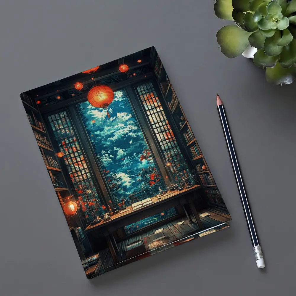 Chinese Library Room Red Lanterns Fantasy Art – Notebooks