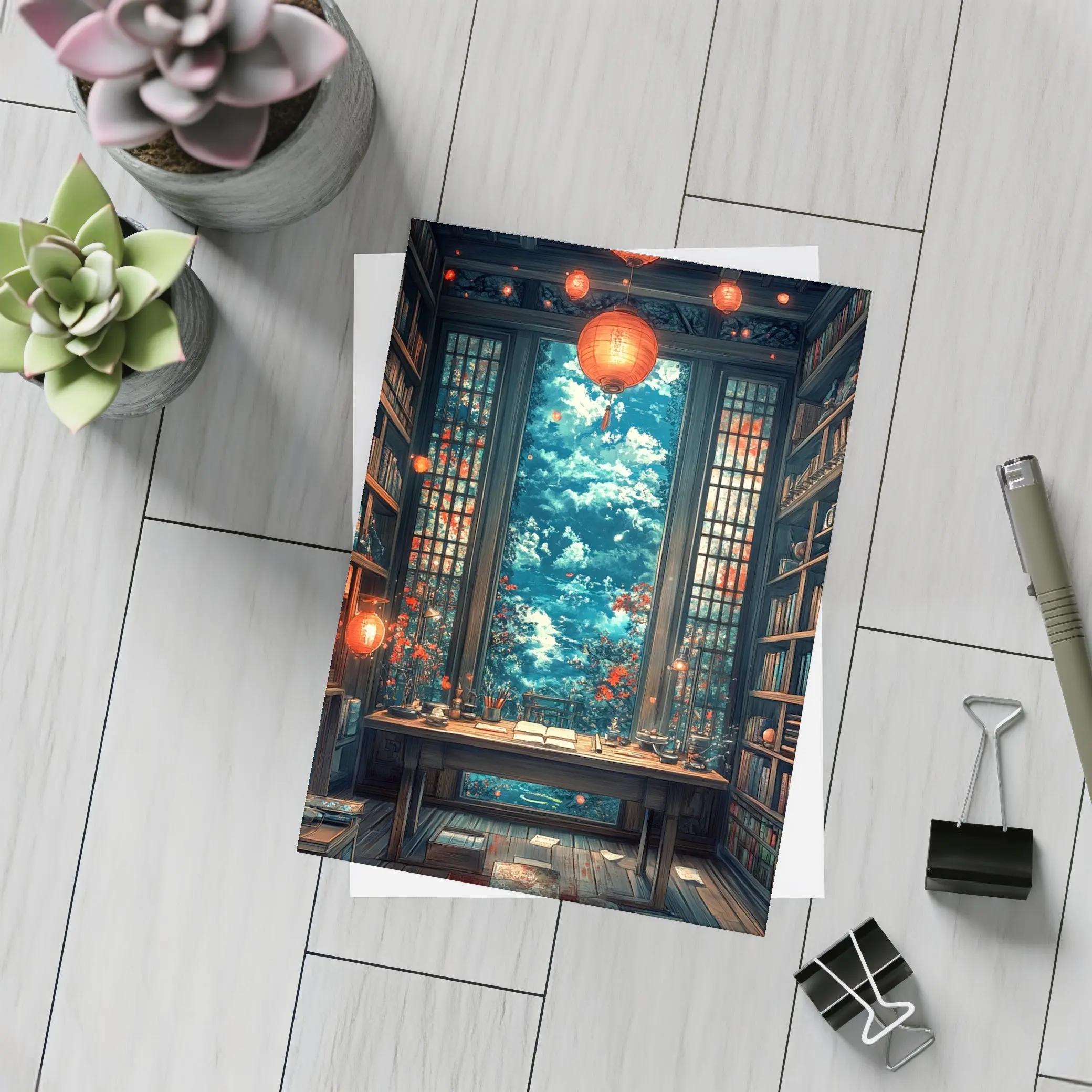 Chinese Library Room Red Lanterns Fantasy Art – Postcards