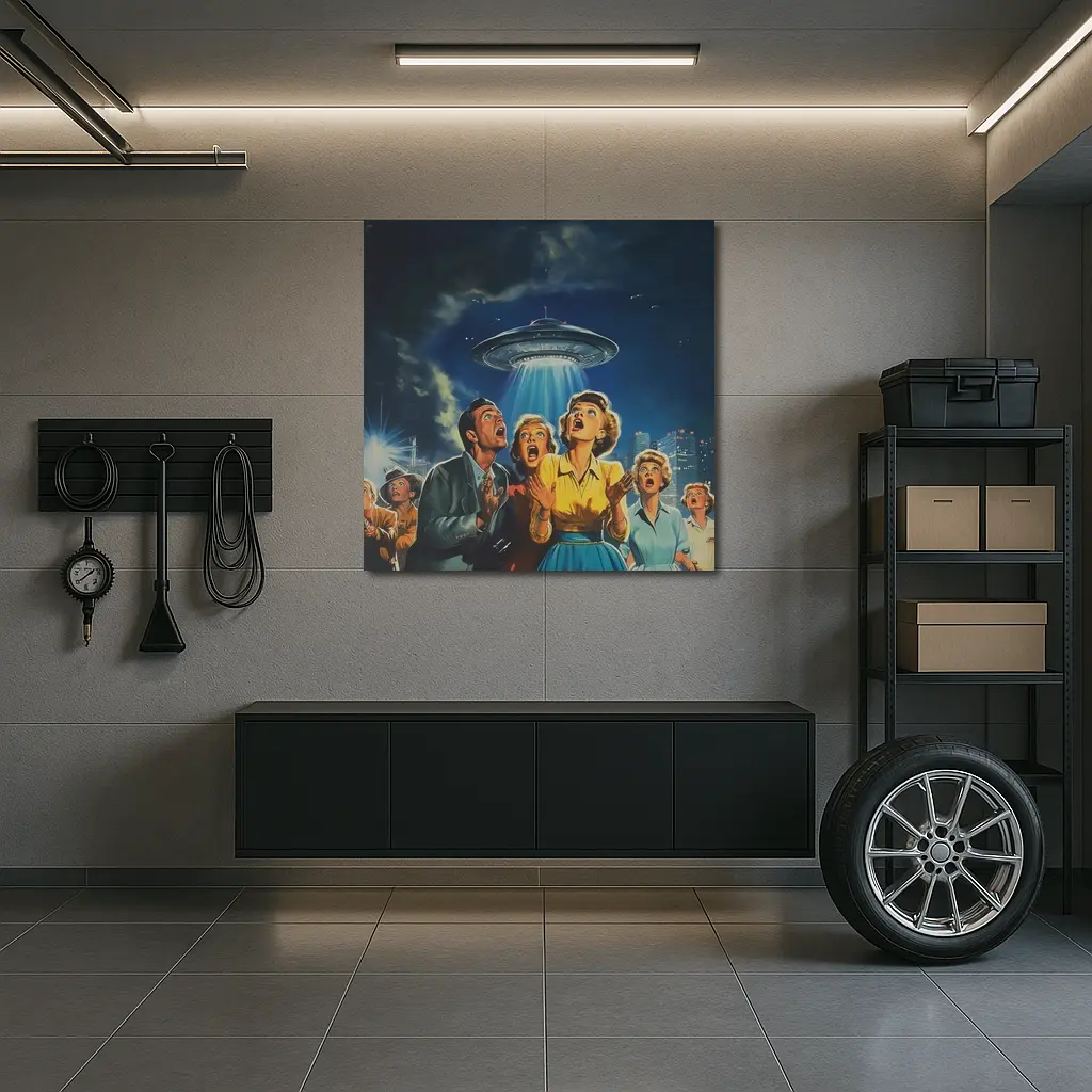 Retro Fifties UFO Invasion Panic City Night – Wall Art