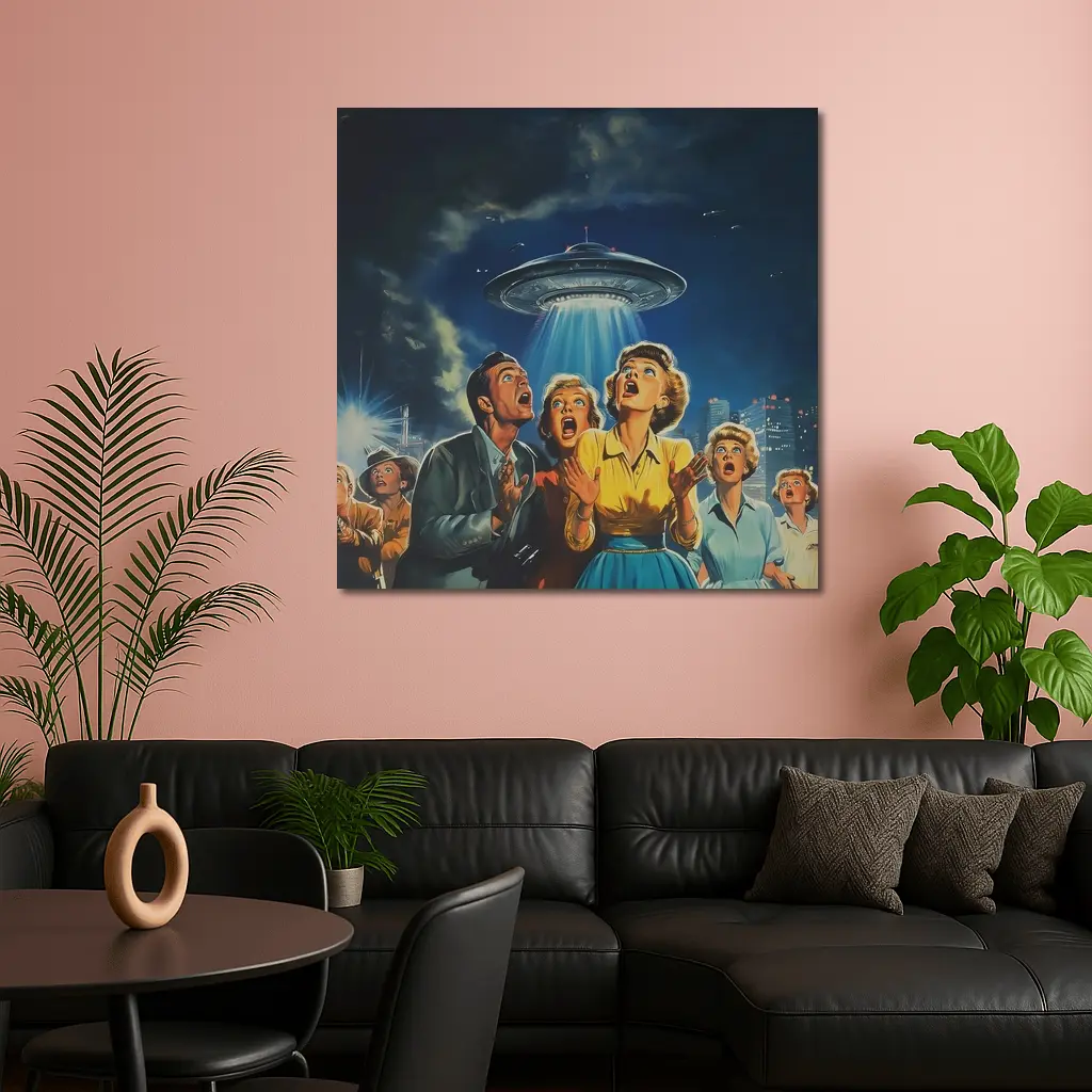 Retro Fifties UFO Invasion Panic City Night – Wall Art