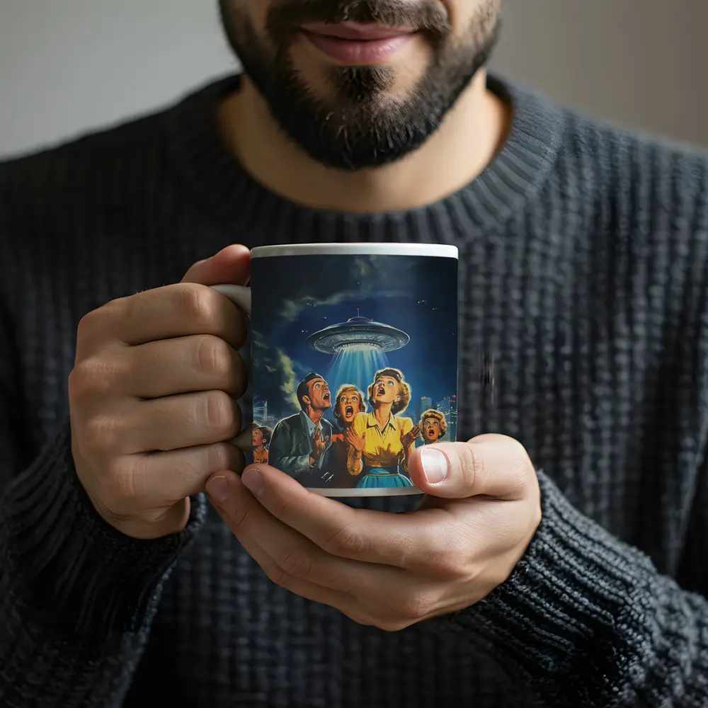 Retro Fifties UFO Invasion Panic City Night – Mugs