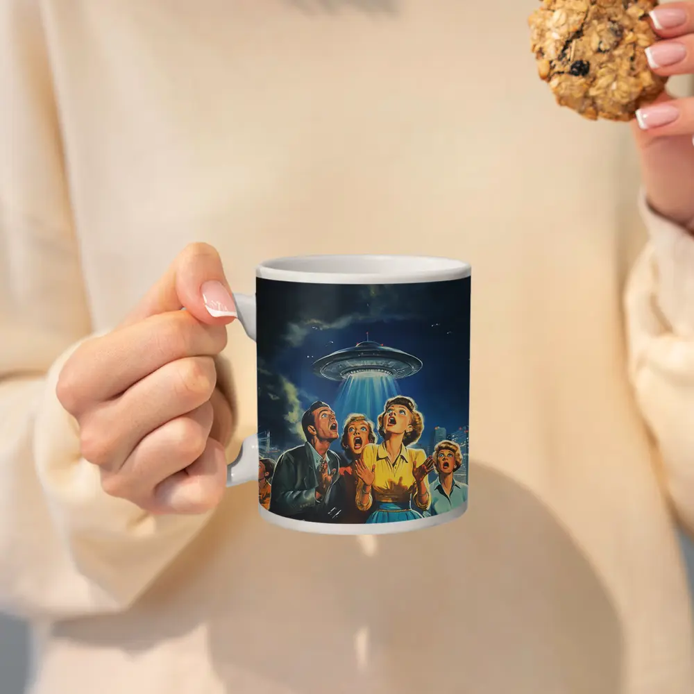Retro Fifties UFO Invasion Panic City Night – Mugs