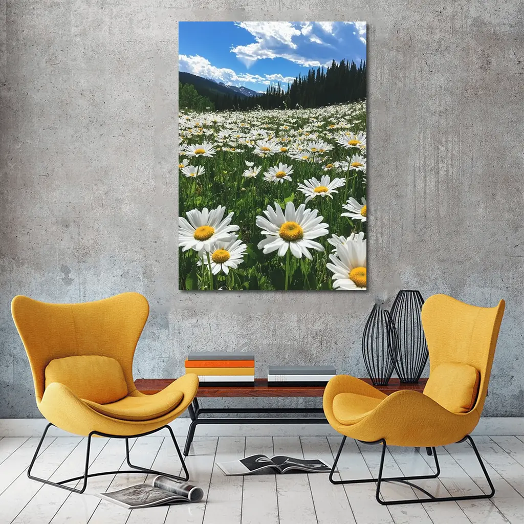 White Daisies Field Mountain Forest Sky – Wall Art