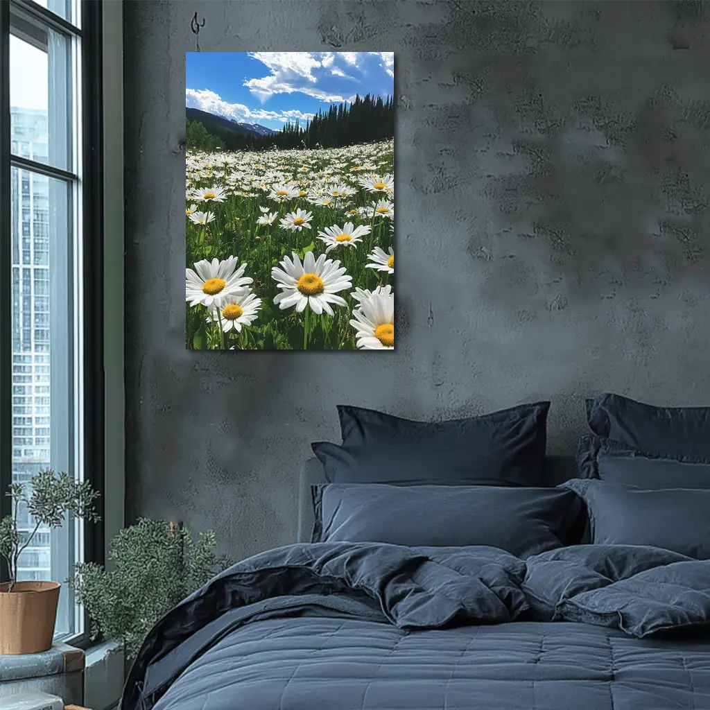 White Daisies Field Mountain Forest Sky – Wall Art