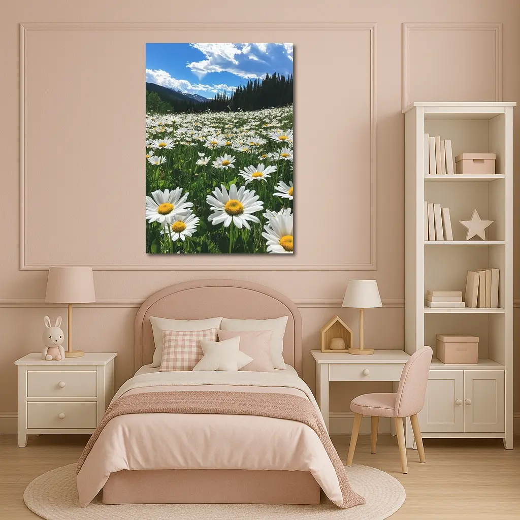 White Daisies Field Mountain Forest Sky – Wall Art