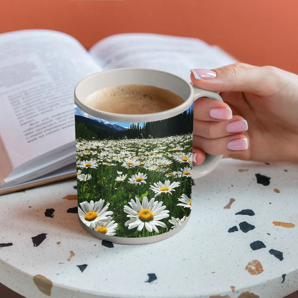 White Daisies Field Mountain Forest Sky – Mugs