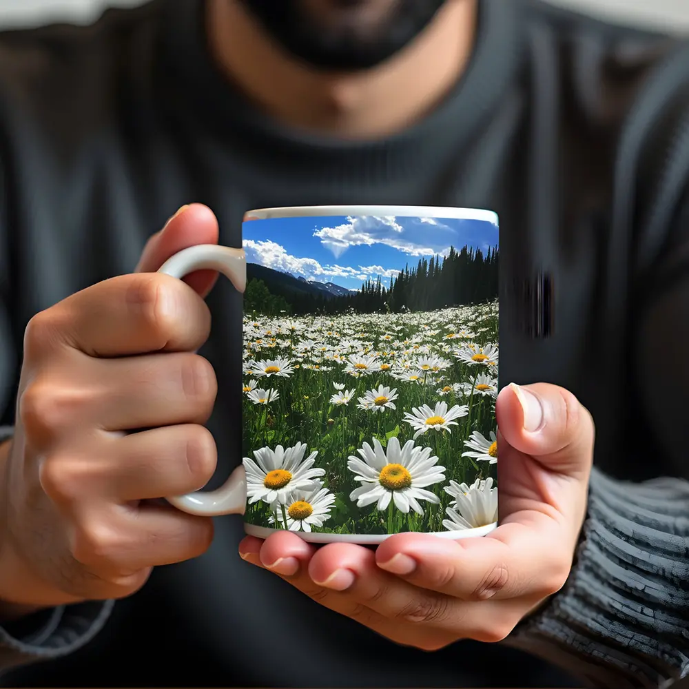 White Daisies Field Mountain Forest Sky – Mugs