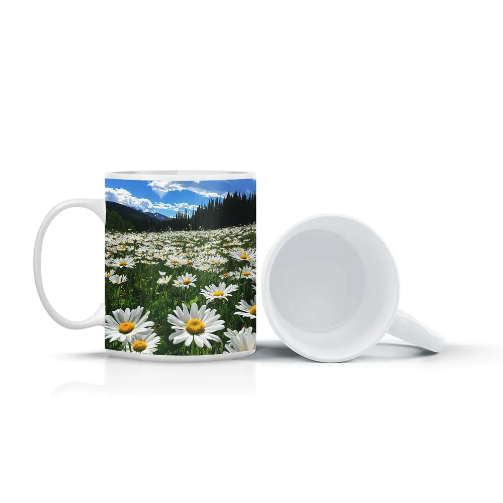 White Daisies Field Mountain Forest Sky – Mugs