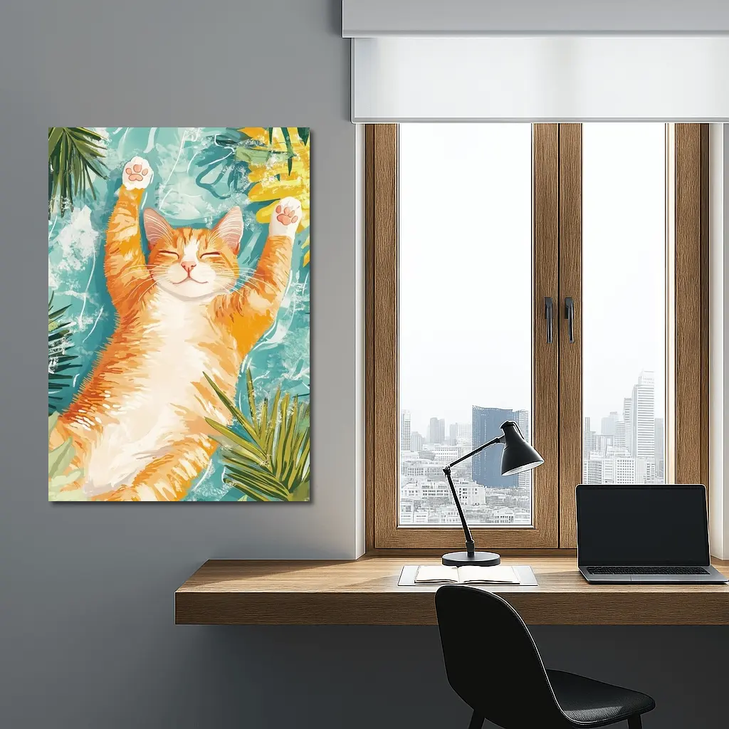 Happy Orange Cat Tropical Leaves Background – Wall Art