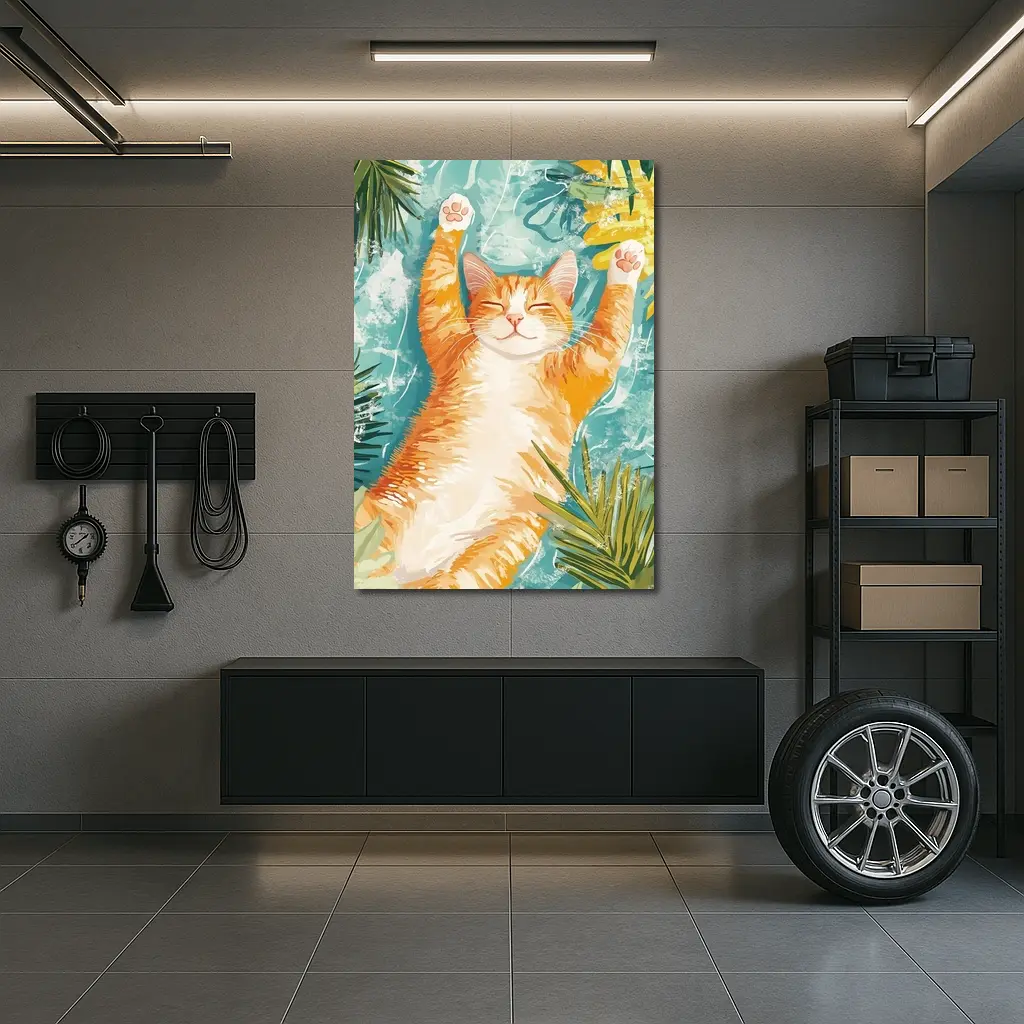 Happy Orange Cat Tropical Leaves Background – Wall Art