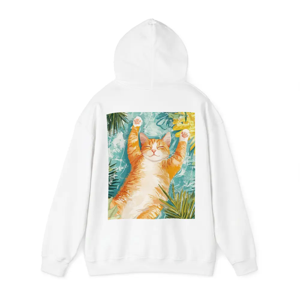 Happy Orange Cat Tropical Leaves Background – Hoodies