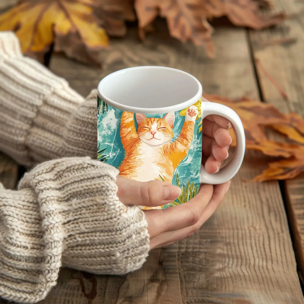 Happy Orange Cat Tropical Leaves Background – Mugs