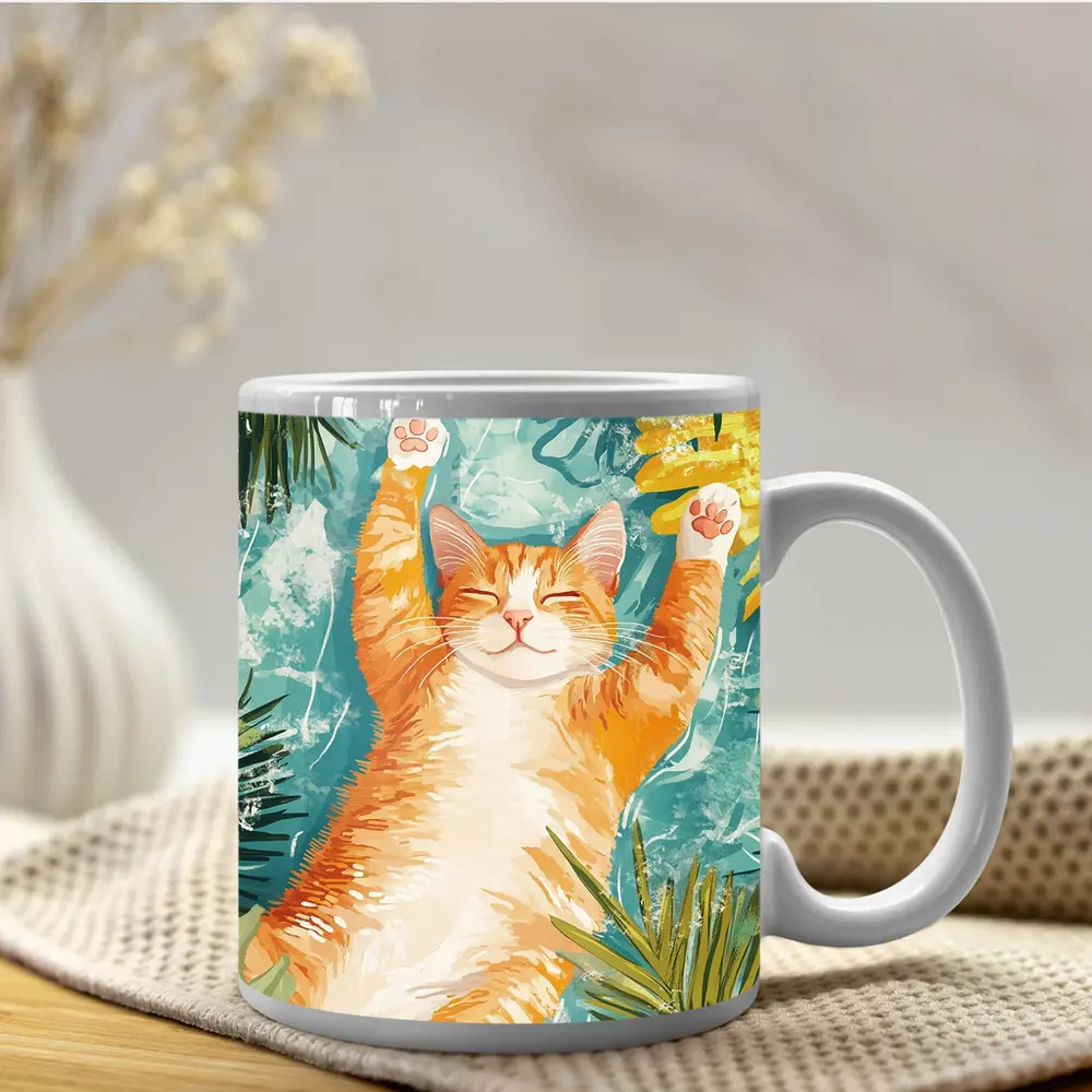 Happy Orange Cat Tropical Leaves Background – Mugs