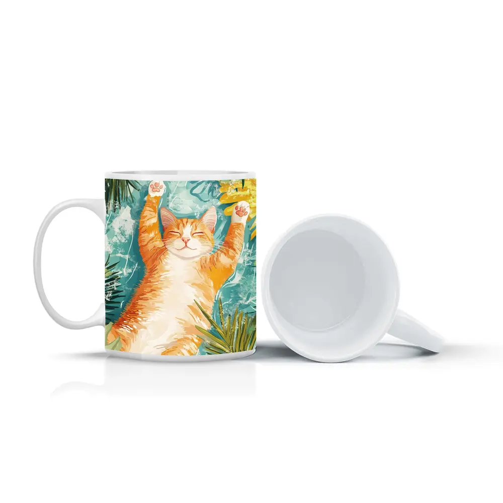 Happy Orange Cat Tropical Leaves Background – Mugs