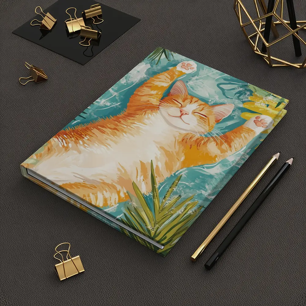 Happy Orange Cat Tropical Leaves Background – Notebooks