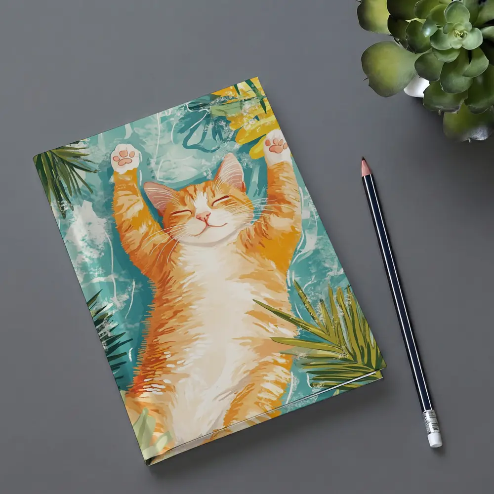 Happy Orange Cat Tropical Leaves Background – Notebooks