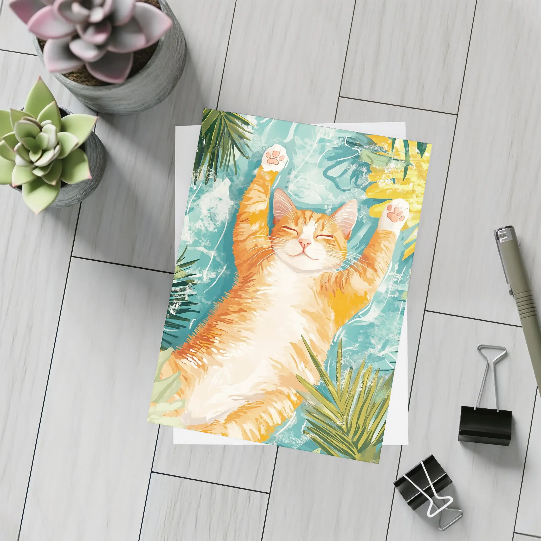 Happy Orange Cat Tropical Leaves Background – Postcards