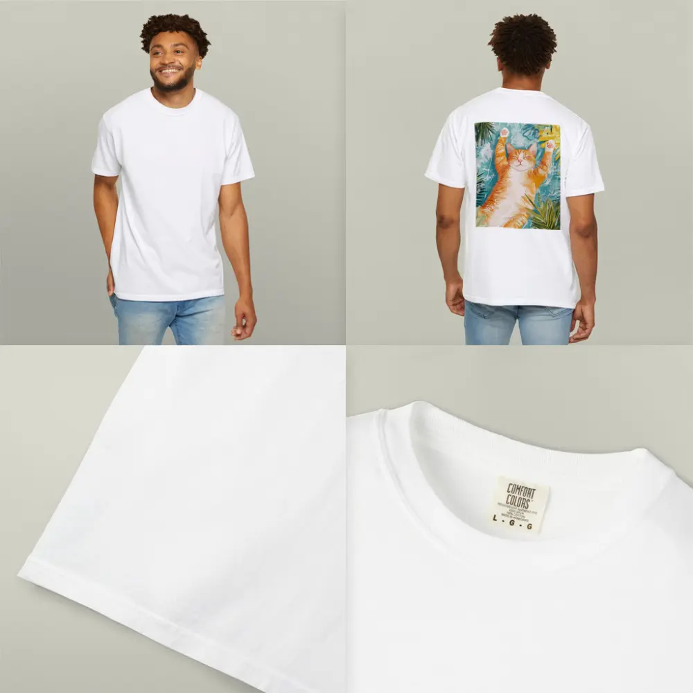 Happy Orange Cat Tropical Leaves Background – T-Shirts