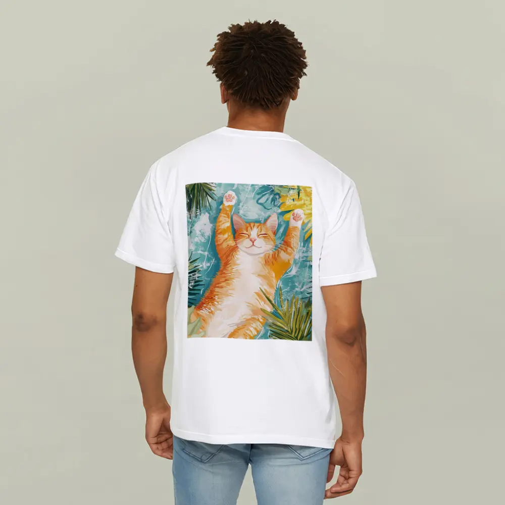 Happy Orange Cat Tropical Leaves Background – T-Shirts