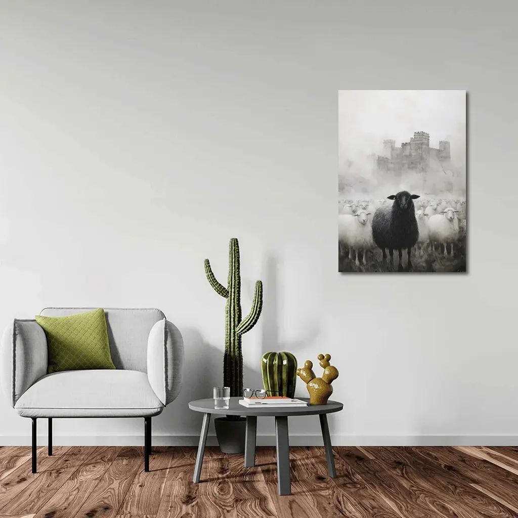 Black Sheep Flock Misty Castle Background – Wall Art