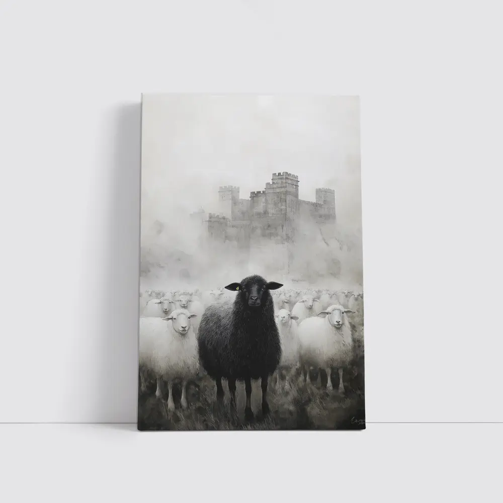 Black Sheep Flock Misty Castle Background – Wall Art