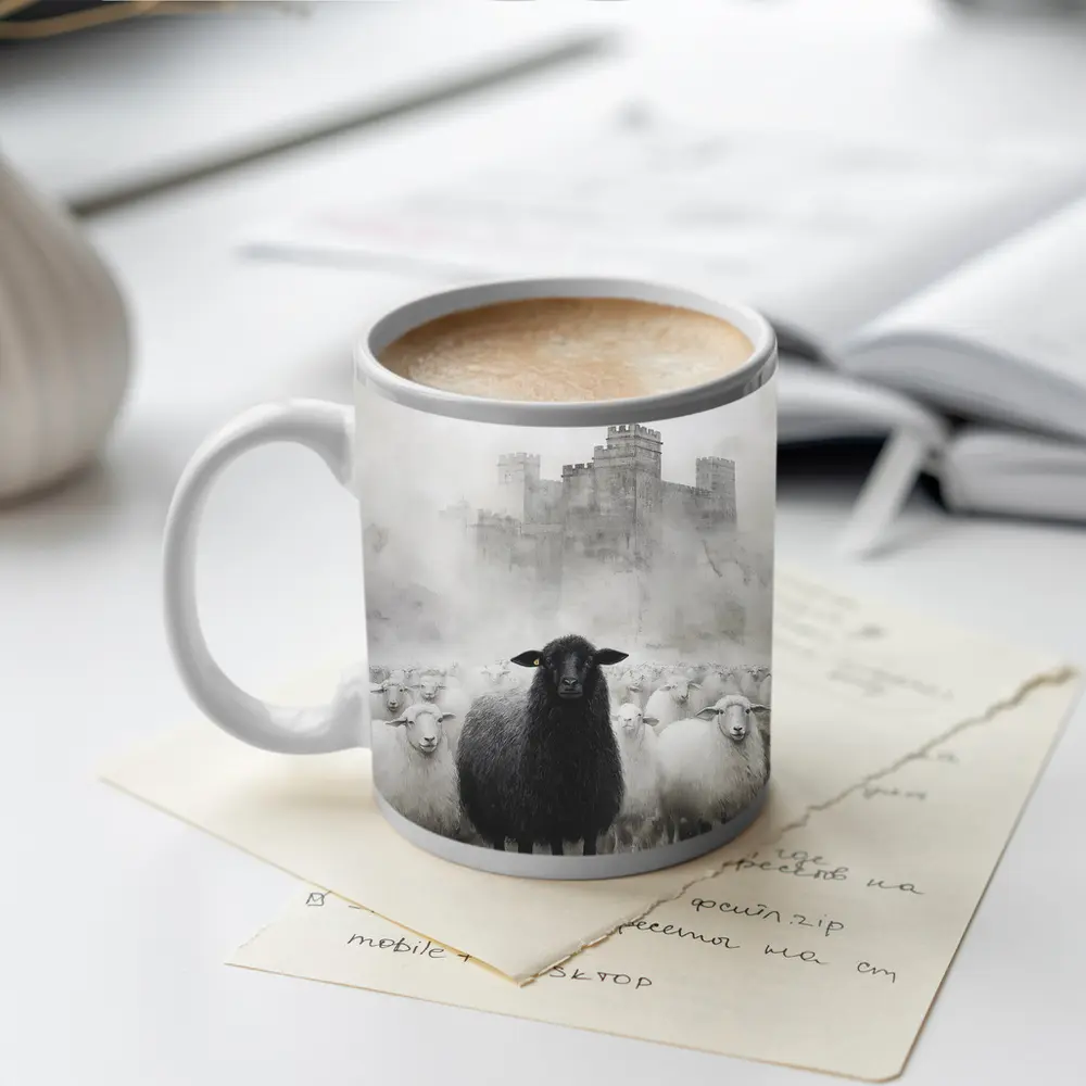 Black Sheep Flock Misty Castle Background – Mugs