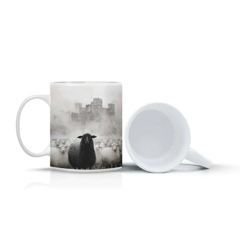 Black Sheep Flock Misty Castle Background – Mugs
