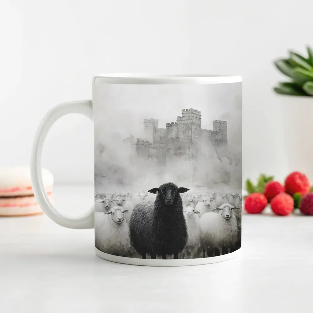 Black Sheep Flock Misty Castle Background – Mugs