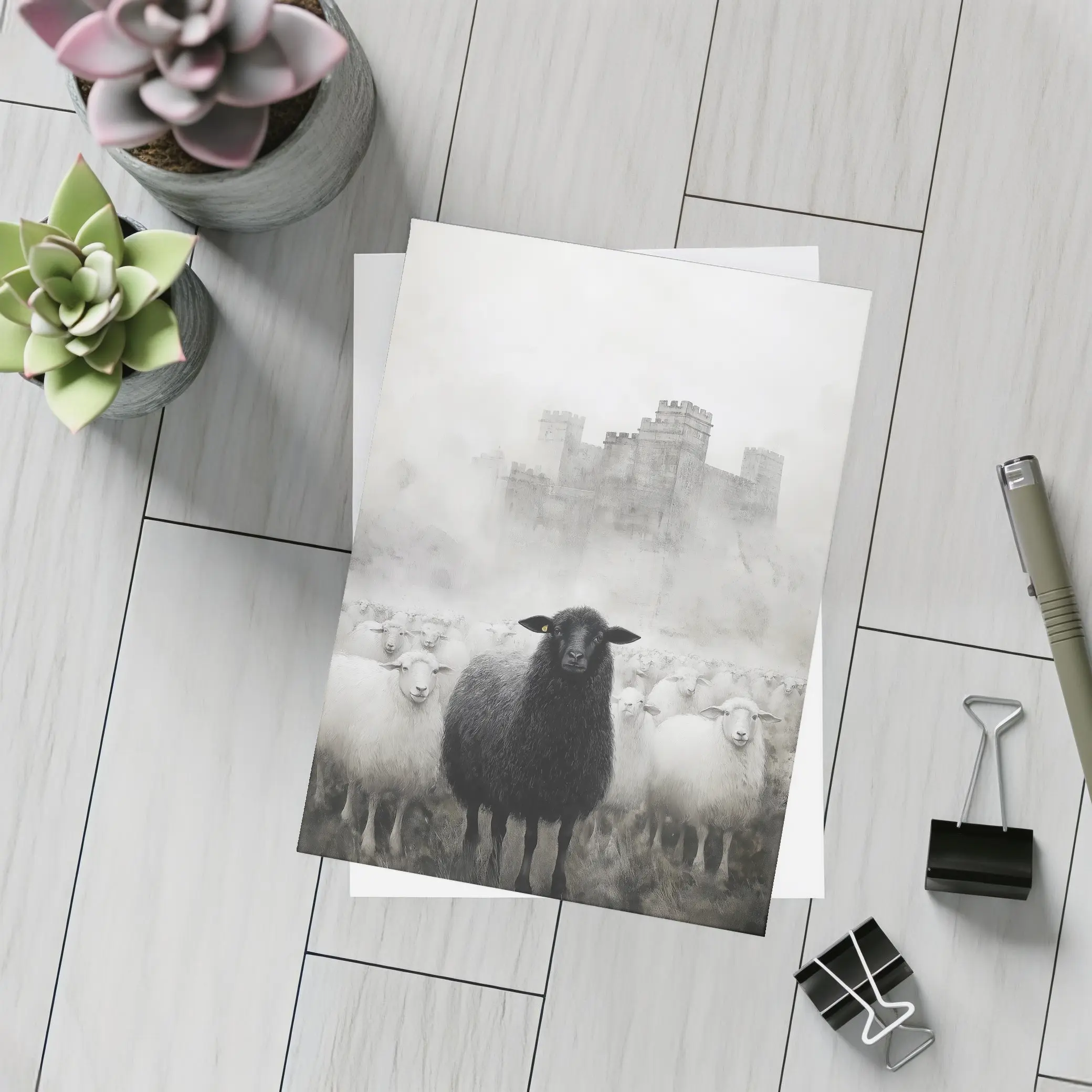 Black Sheep Flock Misty Castle Background – Postcards