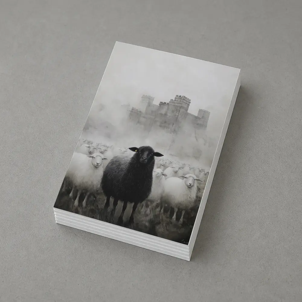 Black Sheep Flock Misty Castle Background – Postcards