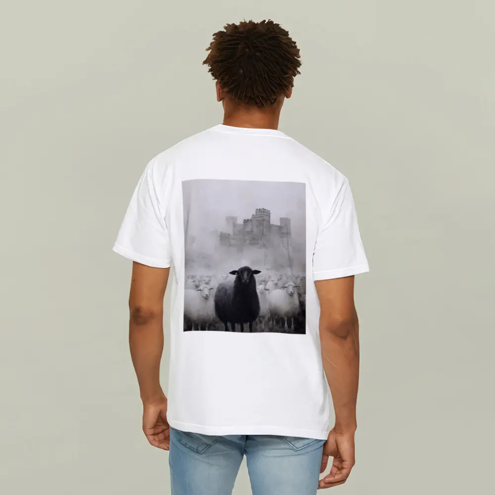 Black Sheep Flock Misty Castle Background – T-Shirts