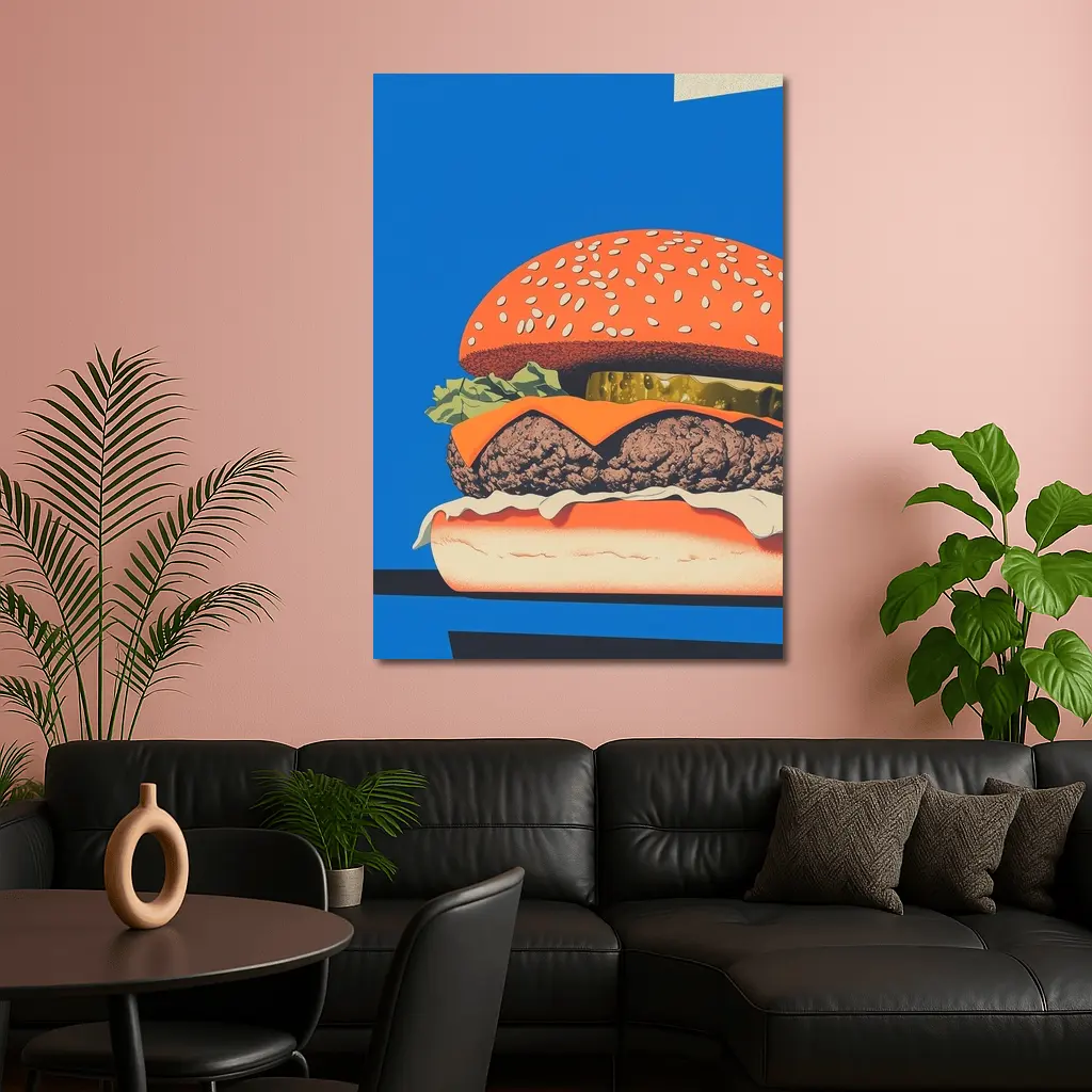 Cheeseburger Pop Art Blue Background – Wall Art